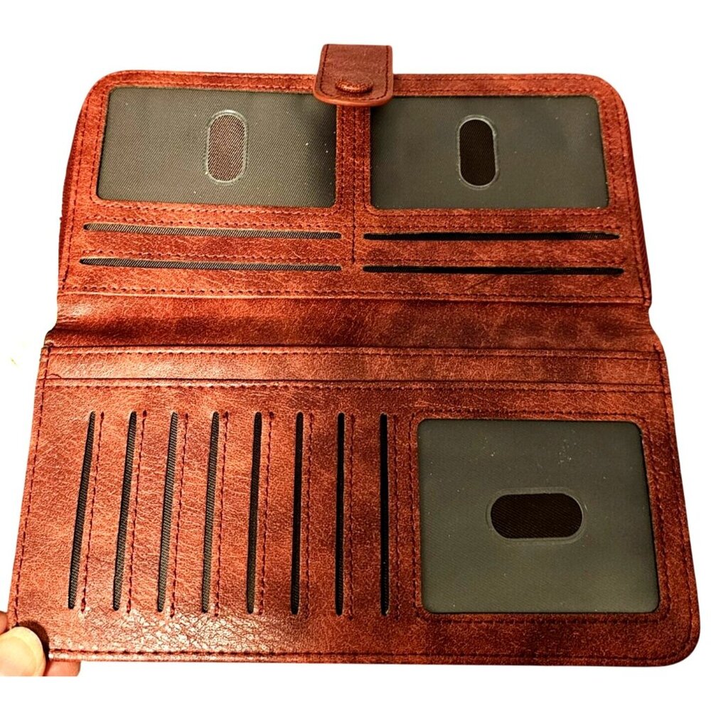 Brown/Red Faux Leather Accordion Wallet With Snap Closure & Zipper Compartments - Picture 4 of 8
